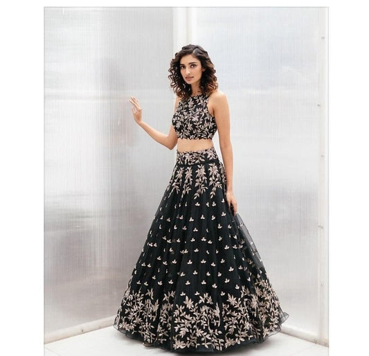 Sensational Black Color Georgette Wedding Wear Embroidered Work Lehenga Choli