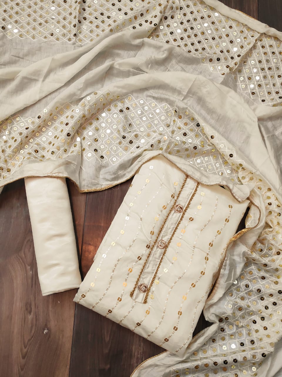 Cream Color Party Wear Sequence Work Designer Soft Semi Modar Chanderi Salwar Suit