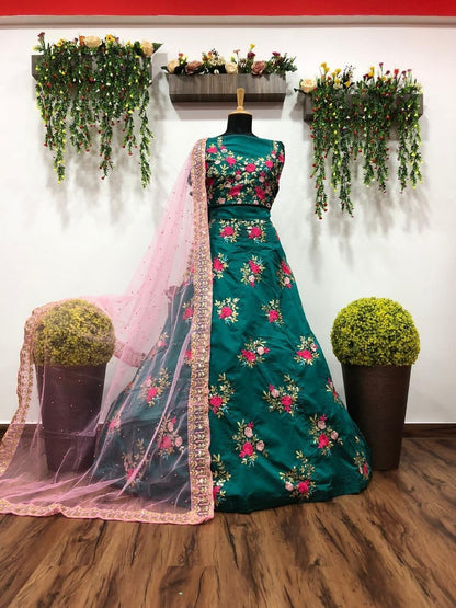 Sizzling Rama Green Color Function Wear Tapeta Embroidered Work Lehenga Choli