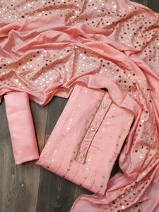 Pink Color Fancy Full Sequence Work Chanderi Soft Semi Modar Salwar Suit