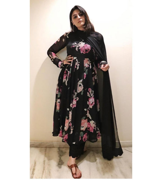 Thrilling Black Color Party Wear Georgette Printed Salwar Suit For Women