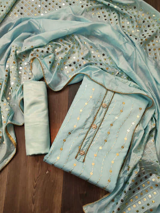 Light Blue Color Occasion Wear Soft Semi Modar Chanderi Designer Sequence Full Work Salwar Kameez