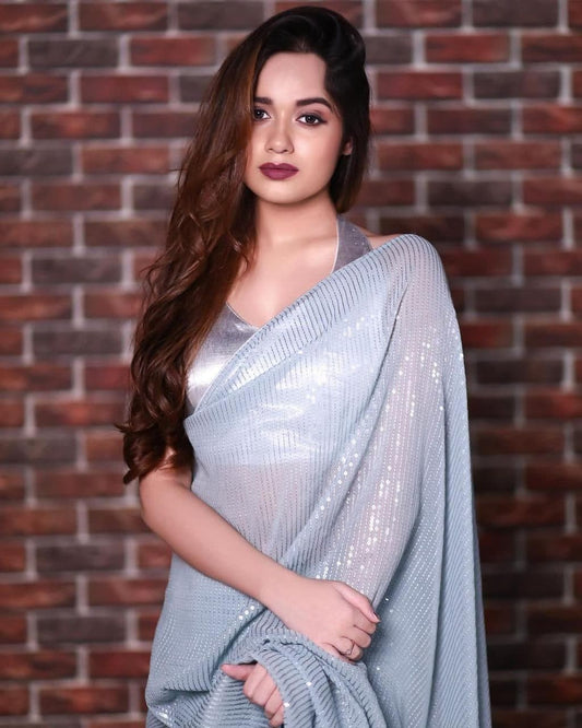 Bewildering Grey Color Georgette Sequence Work Wedding Wear Saree Blouse
