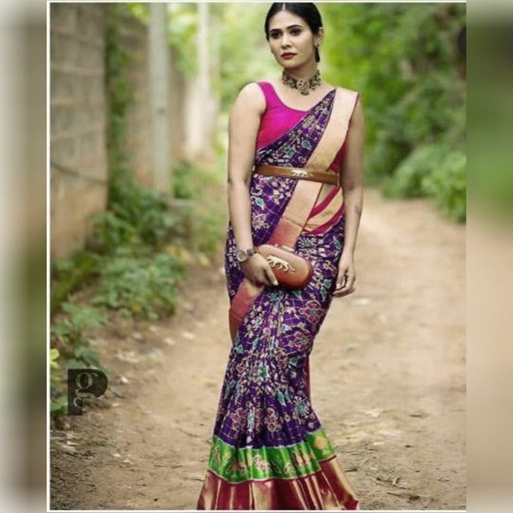 Purple Color Wedding Wear Digital Printed Designer Patola Banarasi Gotta Satin With Belt Designer Saree Blouse