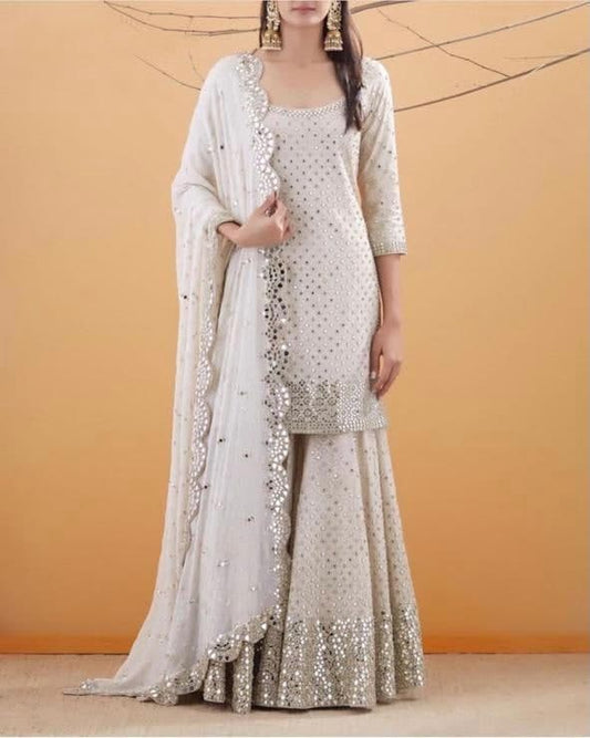 Jazzy White Color Designer Ready Made Georgette Sequence Work Sharara Suit