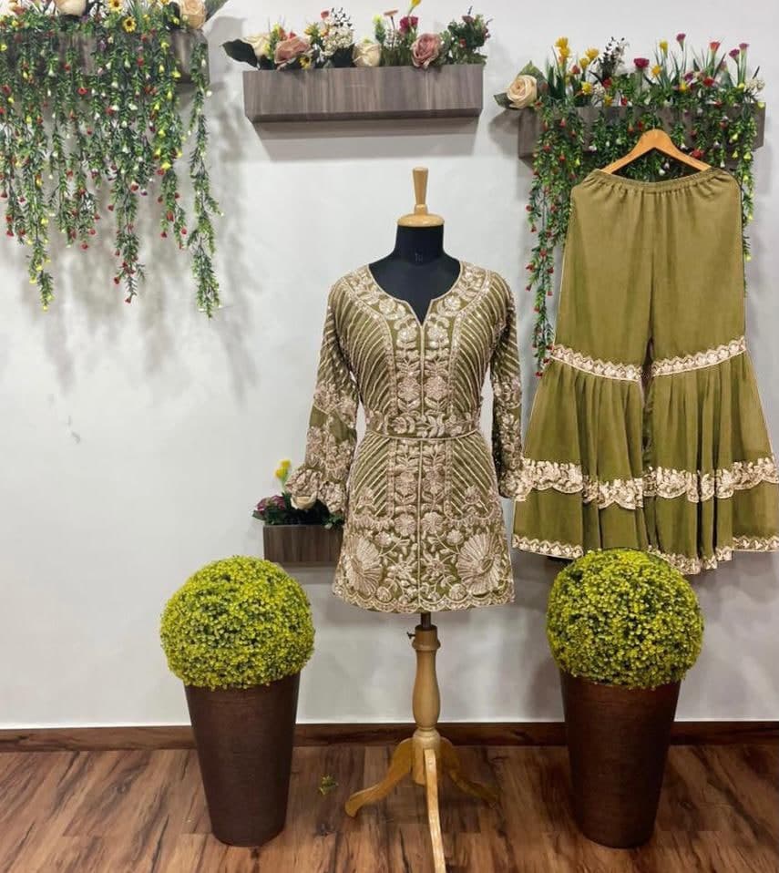 Green Color Sequence Work Georgette Plazo Kurti For Women