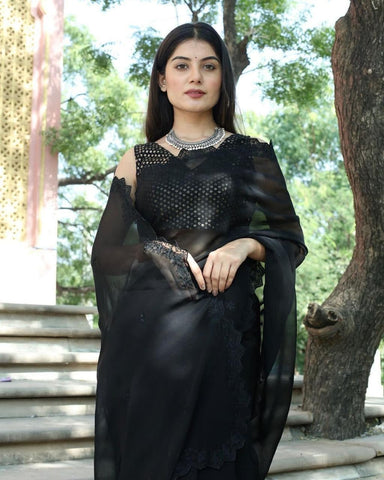 Appealing Black Color Georgette Embroidered Work Design Saree Blouse