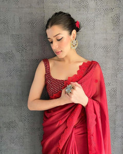 Stylish Red Color Embroidered Work Georgette Saree Blouse For Women