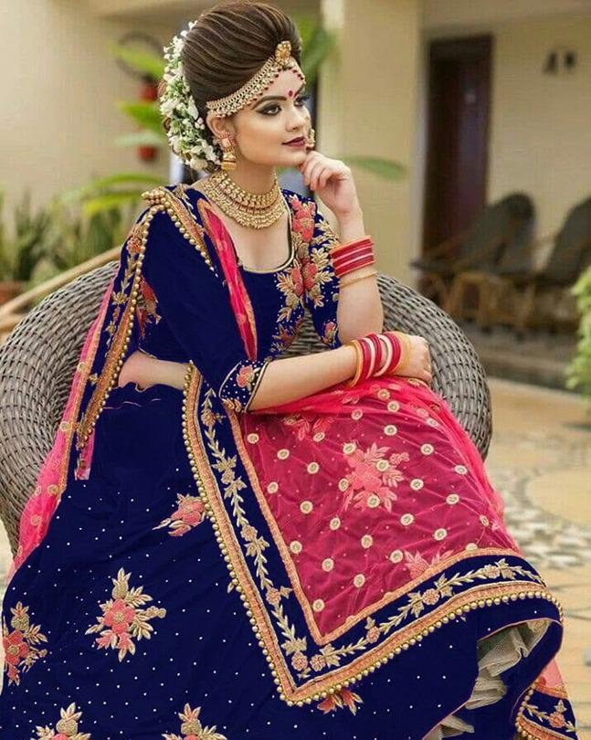 Navy Blue Color Designer Embroidered Tapeta Velvet Machine Diamond Work Latest Design Lehenga Choli