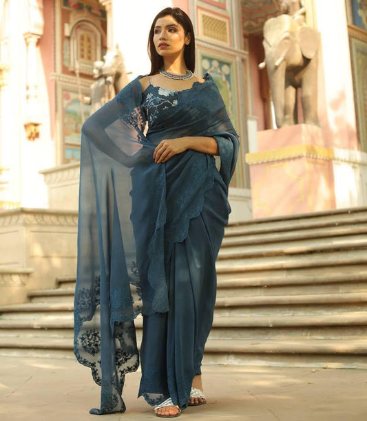 Remarkable Dark Grey Color Georgette chain Stitched Work Saree Blouse For Occasion Wear