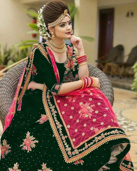 Green Color Machine Diamond Embroidered Work Velvet Tapeta Latest Design Lehenga Choli