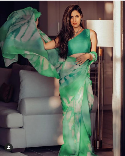 Beautiful Green Color Digital Printed Design Georgette Saree Blouse
