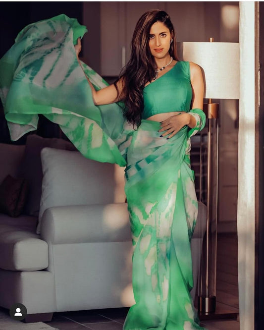 Beautiful Green Color Digital Printed Design Georgette Saree Blouse