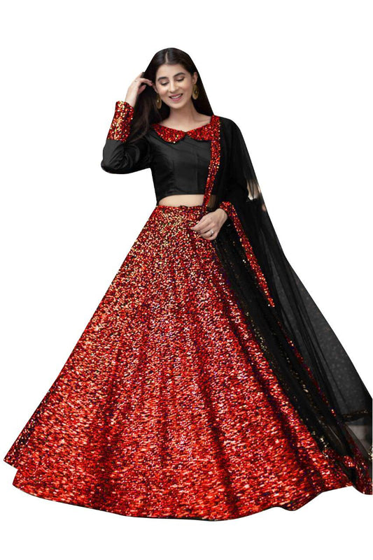 Red Color Festival Wear Semi Stitched Sequence Fancy Work Velvet Latest Design Lehenga Choli