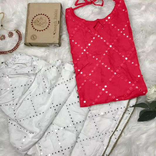 Red Color Ready Made Cotton Embroidered Work Plazo Kurti