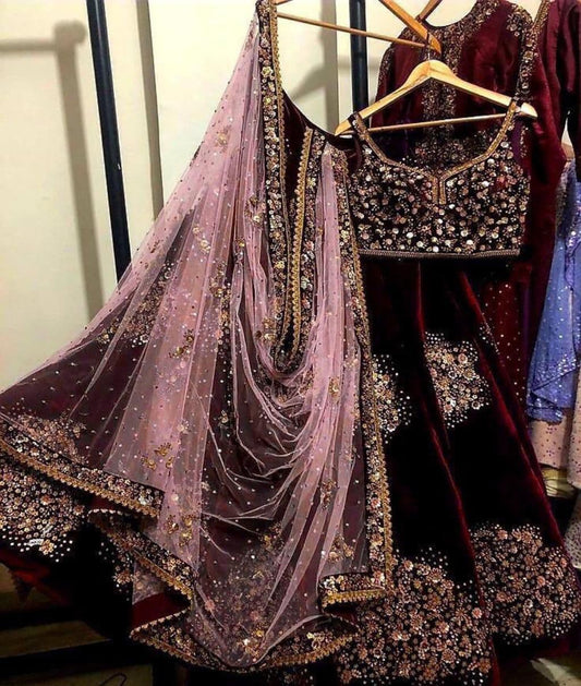 Fantastic Maroon Color Wedding Wear Velvet Embroidered Work Lehenga Choli