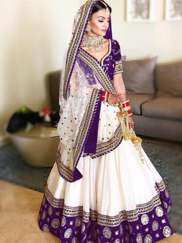 Wedding Wear Purple Color Designer Embroidered Work Silk Malabari Fancy Latest Design Lehenga Choli
