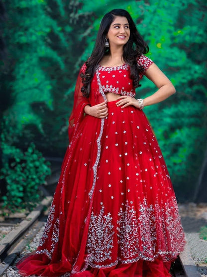 Admiring Red Color Ruffle Net Embroidered Work Bridal Wear Lehenga Choli