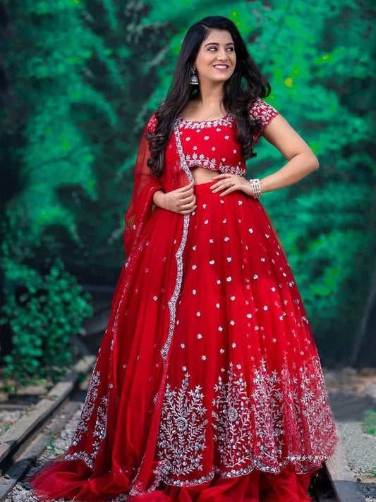 Admiring Red Color Ruffle Net Embroidered Work Bridal Wear Lehenga Choli