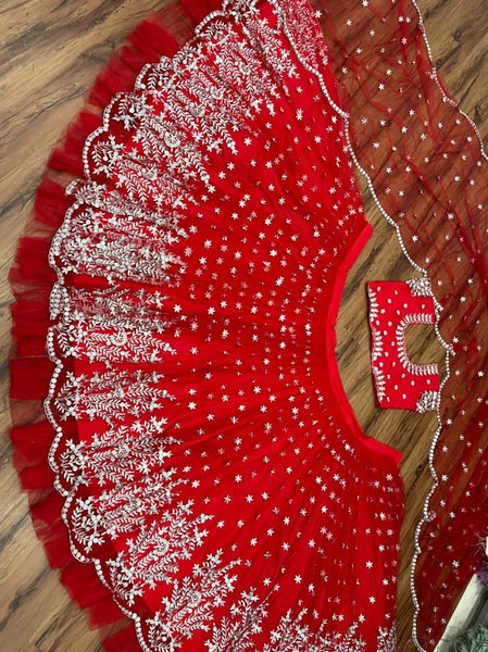 Admiring Red Color Ruffle Net Embroidered Work Bridal Wear Lehenga Choli