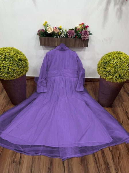 Hypnotic Purple Color Ready Made Net Pleated Design Gown For Party Wear