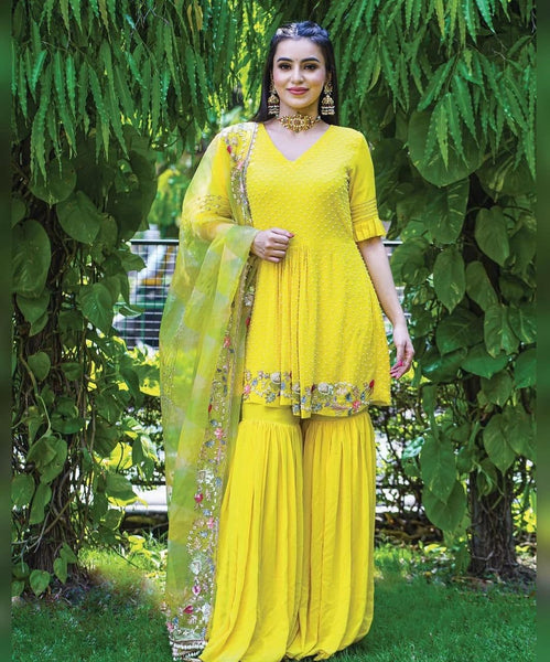 Gorgeous Yellow Color Designer Georgette Embroidered Work Sharara Suit