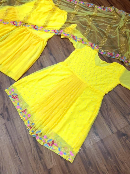 Gorgeous Yellow Color Designer Georgette Embroidered Work Sharara Suit