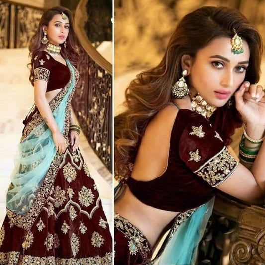 Maroon Color Designer Embroidered Work Fancy Party Wear Tapeta Velvet Latest Design Lehenga Choli