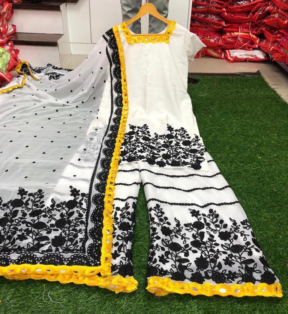 Delightful Off White Color Ready Made Georgette Embroidered Work Plazo Salwar Suit