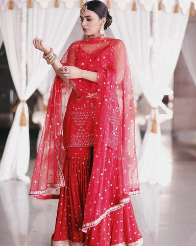 Amazaballs Red Color Novelty Georgette Sequence Work Ready Made Salwar Suit