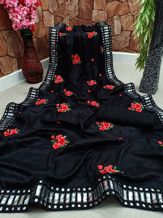 Black Color Crape Satin Silk Designer All Over Embroidered Multi Cotton Thread Paper Viscos Mirror Work Lace Designer Saree Blouse