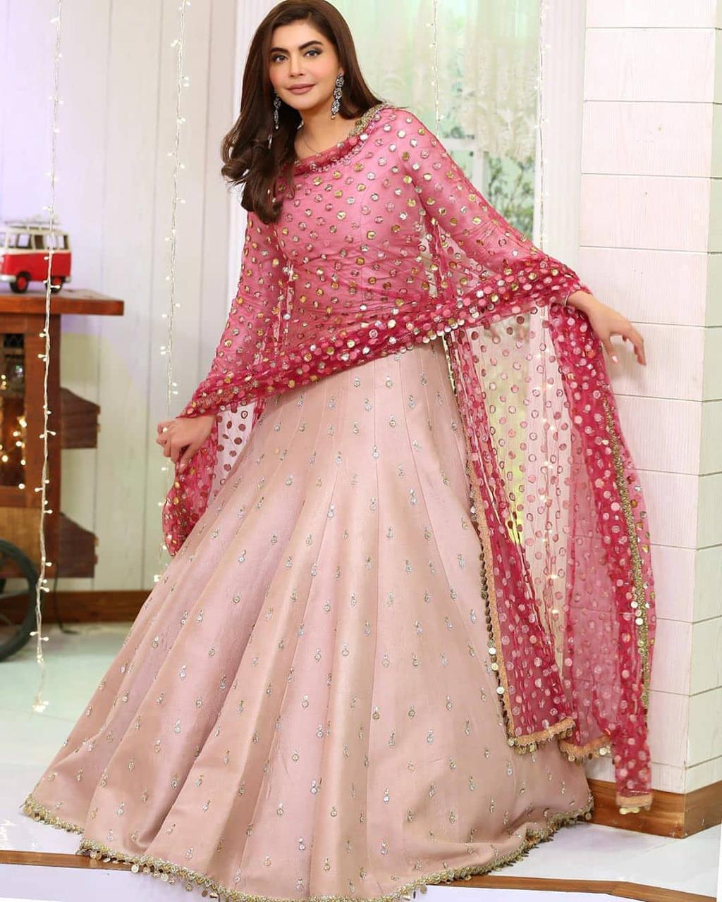 Peach Color Party Wear Full Stitched Tafetta  Silk Two Tone Embroidered Work Both Side Sequence Lace Bottom Of Gown