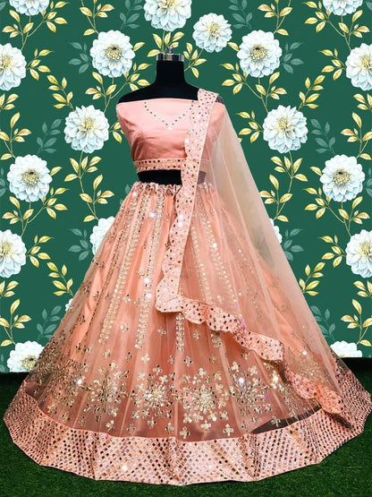 Flaunt Peach Color Function Wear Net Mirror Work Lehenga Choli