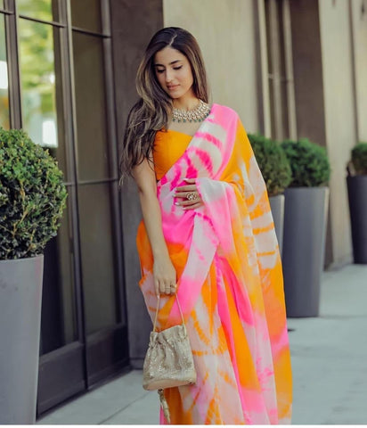 Alluring Mustard Color Digital Printed Georgette Saree Blouse For Women