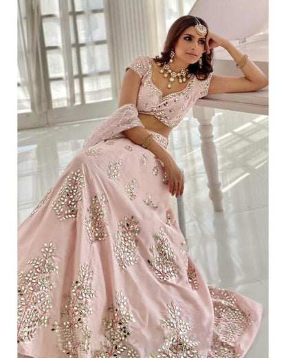 Outstanding Peach Color Tapeta Mirror Work Wedding Wear Lehenga Choli