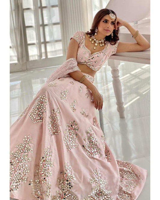 Outstanding Peach Color Tapeta Mirror Work Wedding Wear Lehenga Choli