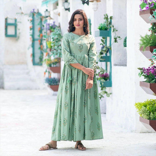 Light Green Color Ready Made Digital Printed Maslin Party Wear Gown