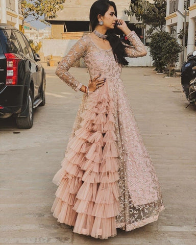 Wonderful Peach Color Net Ready Made Sequence Work Gown For Party Wear