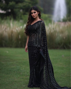 Graceful Black Color Net Sequence Work Party Wear Saree Blouse