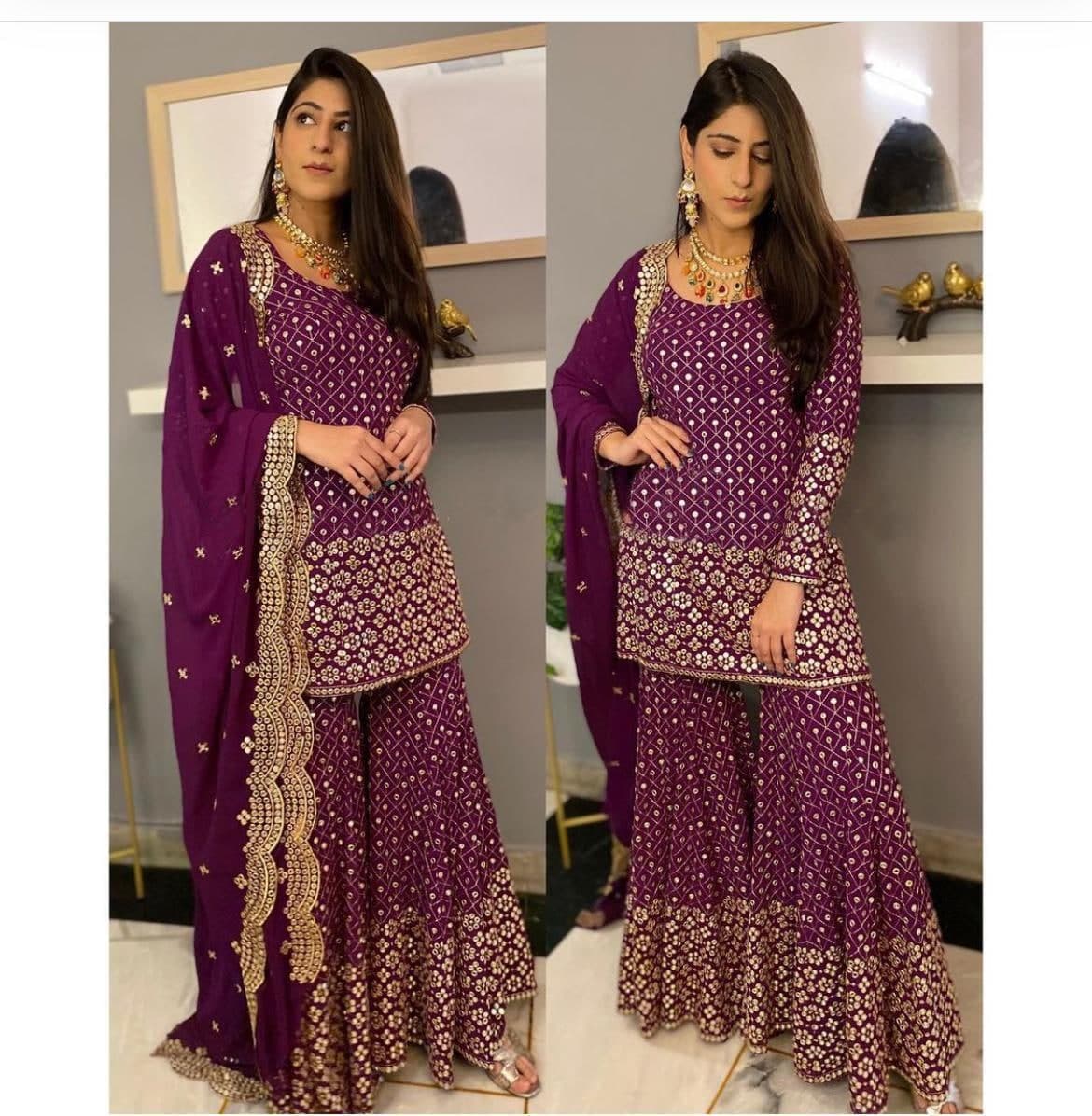 Tremendously Wine Color Party Wear Sequence Work Georgette Sharara Suit