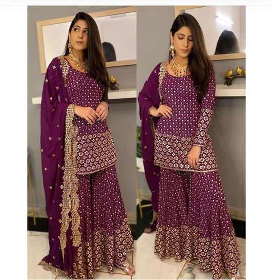 Tremendously Wine Color Party Wear Sequence Work Georgette Sharara Suit