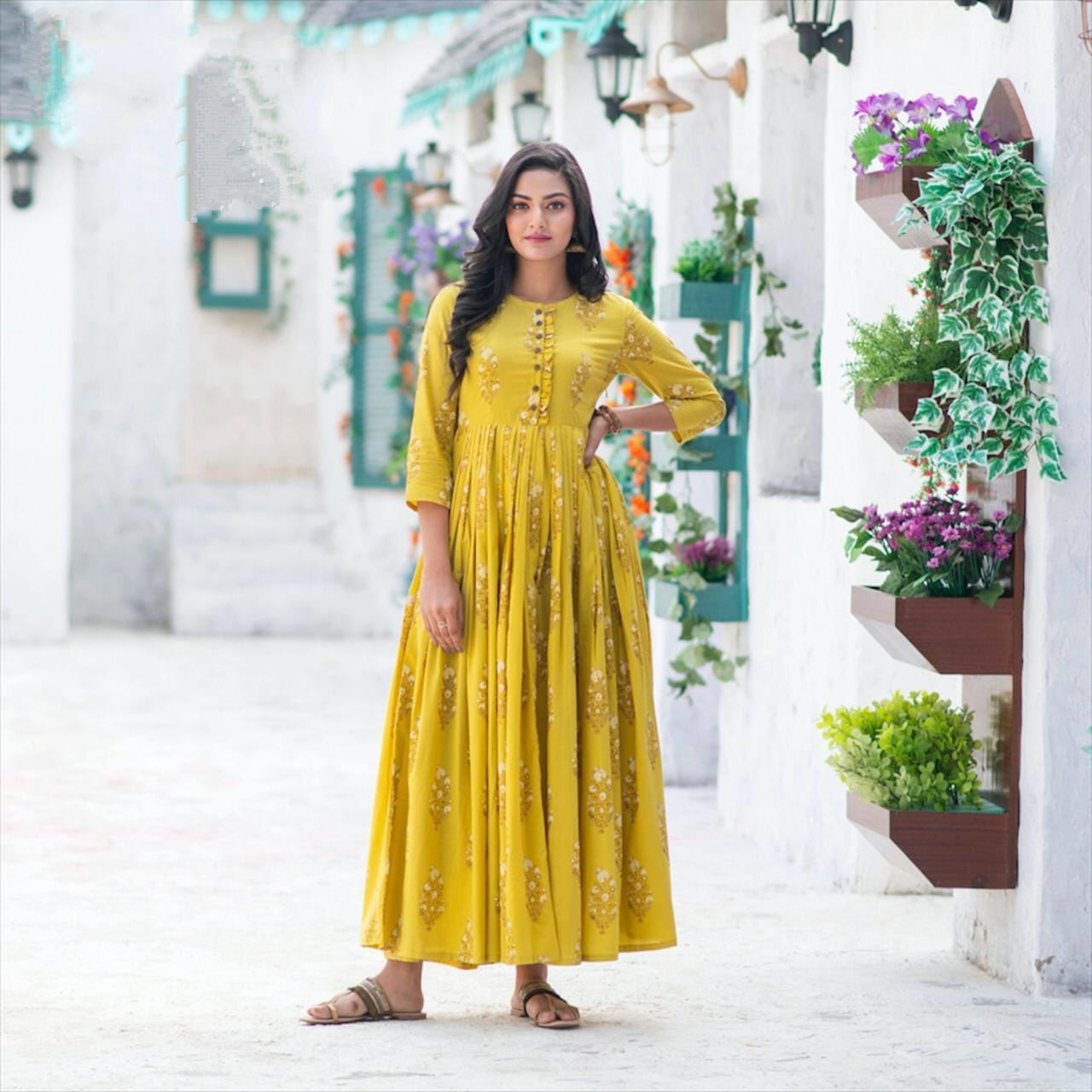 Mustard Color Ready Made Fancy Printed Digital Maslin Gown