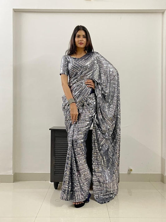 Wonderful Grey Color Georgette Sequence Work Festive Wear Saree Blouse