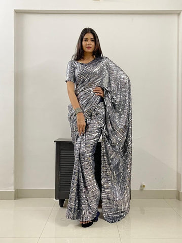 Wonderful Grey Color Georgette Sequence Work Festive Wear Saree Blouse