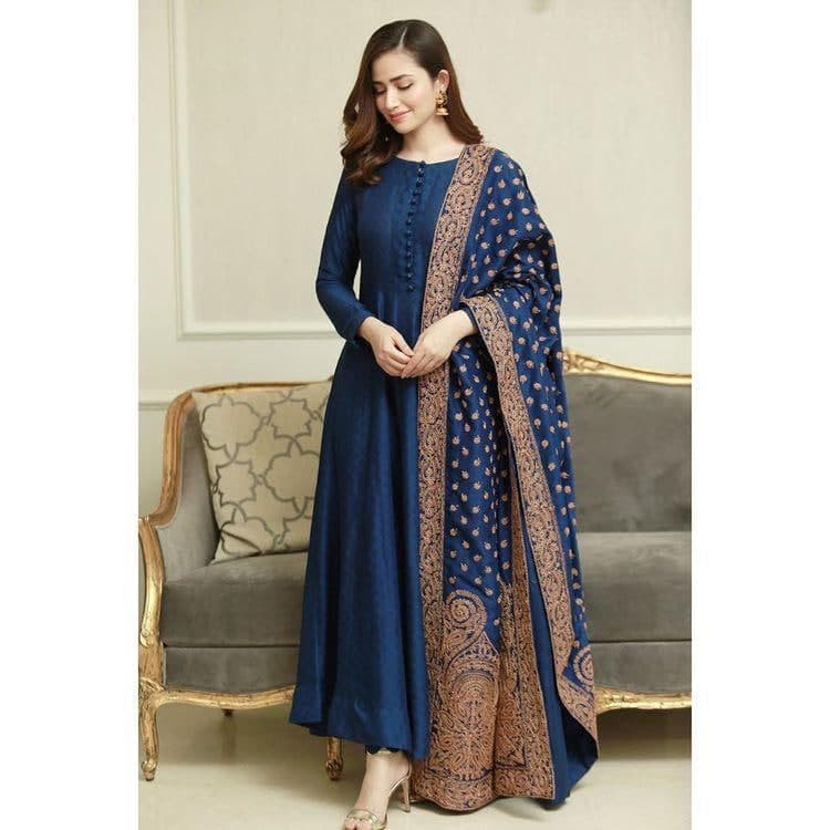 Sizzling Blue Color Phantom Silk Button Design Salwar Suit For Women
