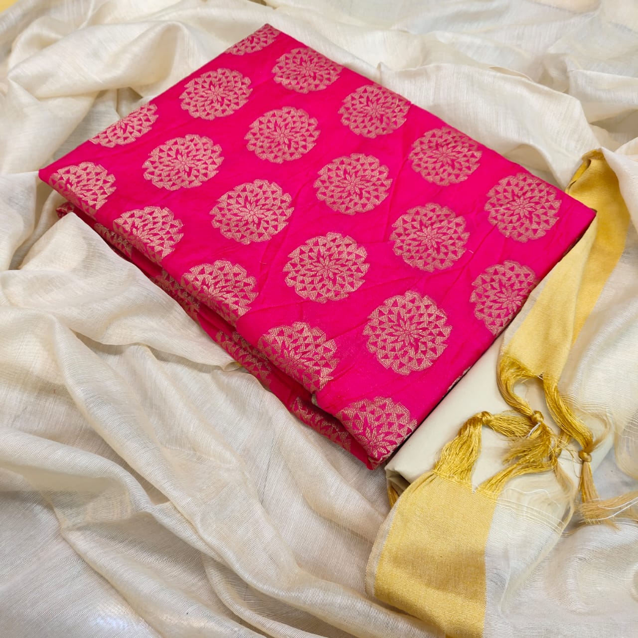 Rani Pink Color Designer Printed Jacquard Design Banarasi Dress Material