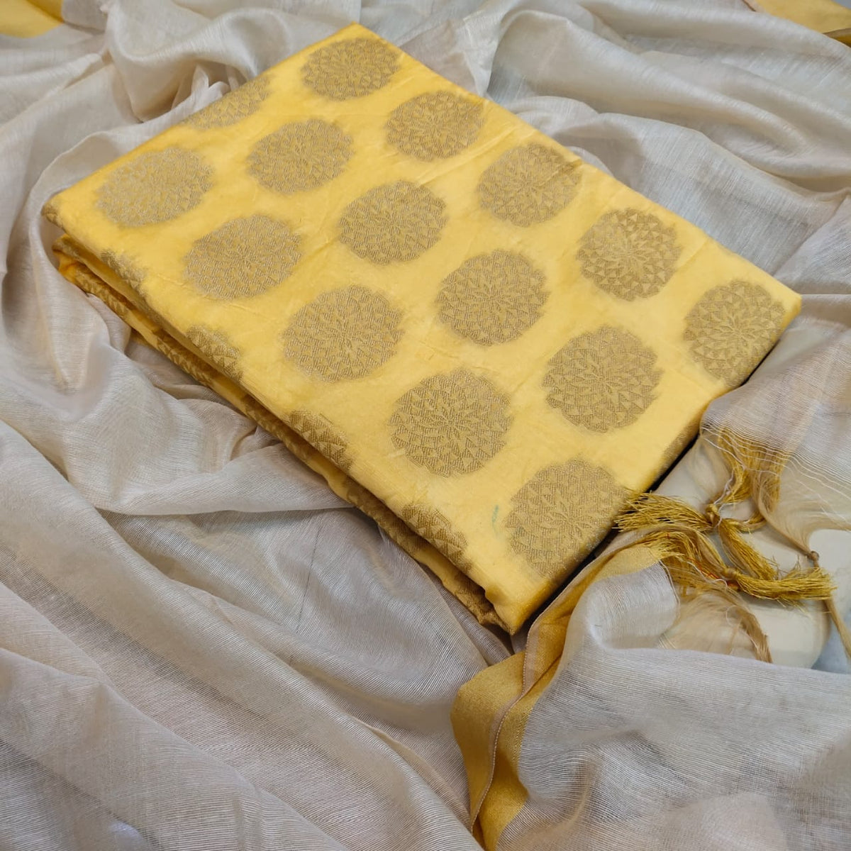 Light Yellow Color Casual Wear Banarasi Jacquard Printed Design Salwar Suit