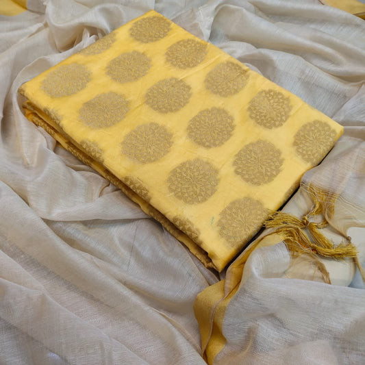 Light Yellow Color Casual Wear Banarasi Jacquard Printed Design Salwar Suit