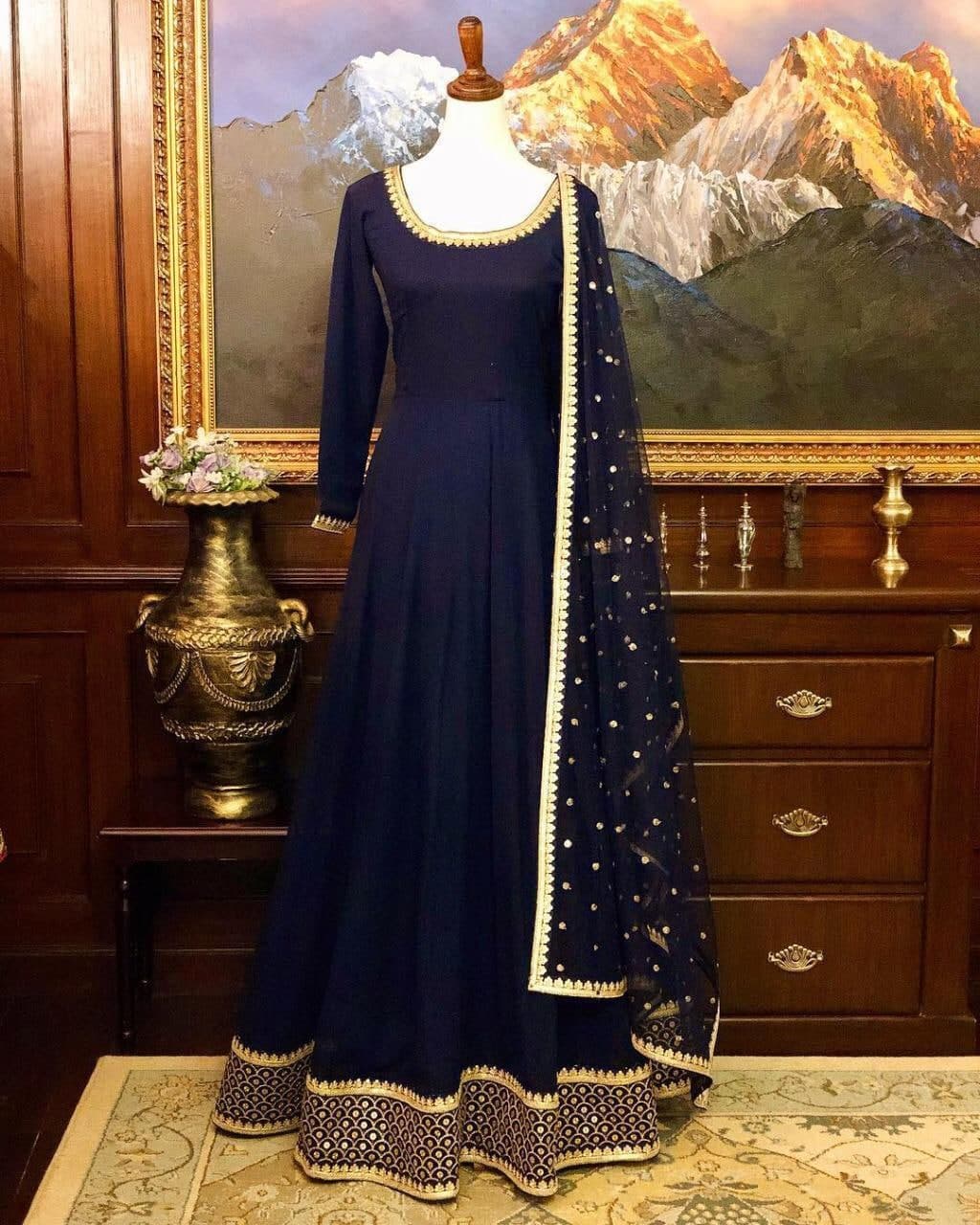 Classic Blue Color Taffeta Silk Embroidered Work Dupatta Gown For Women