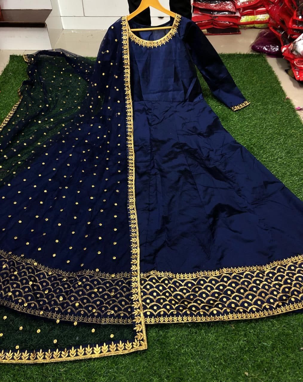 Classic Blue Color Taffeta Silk Embroidered Work Dupatta Gown For Women